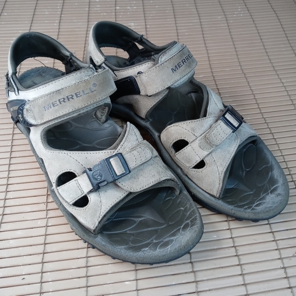 Merrell men\'s sz 12 brown leather Vlcrow hook & loop close hiking sandals. 39pm main image 10